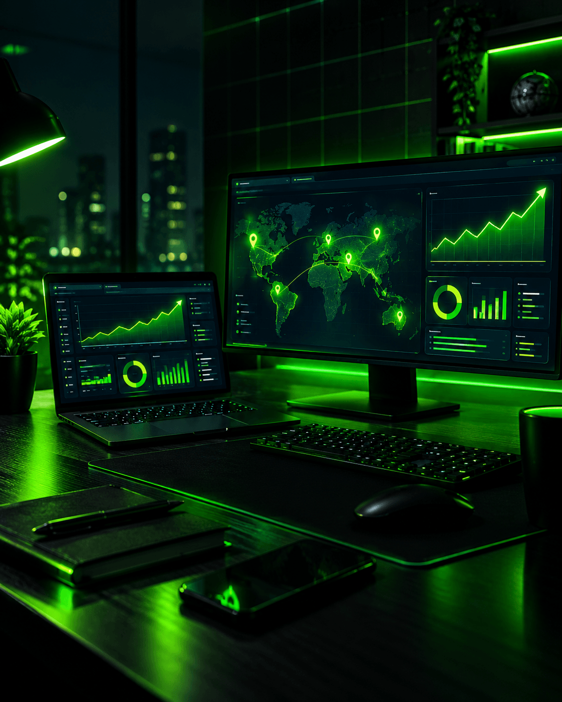 Dark desk setup with a laptop and monitor showing SEO analytics dashboards and local search rankings